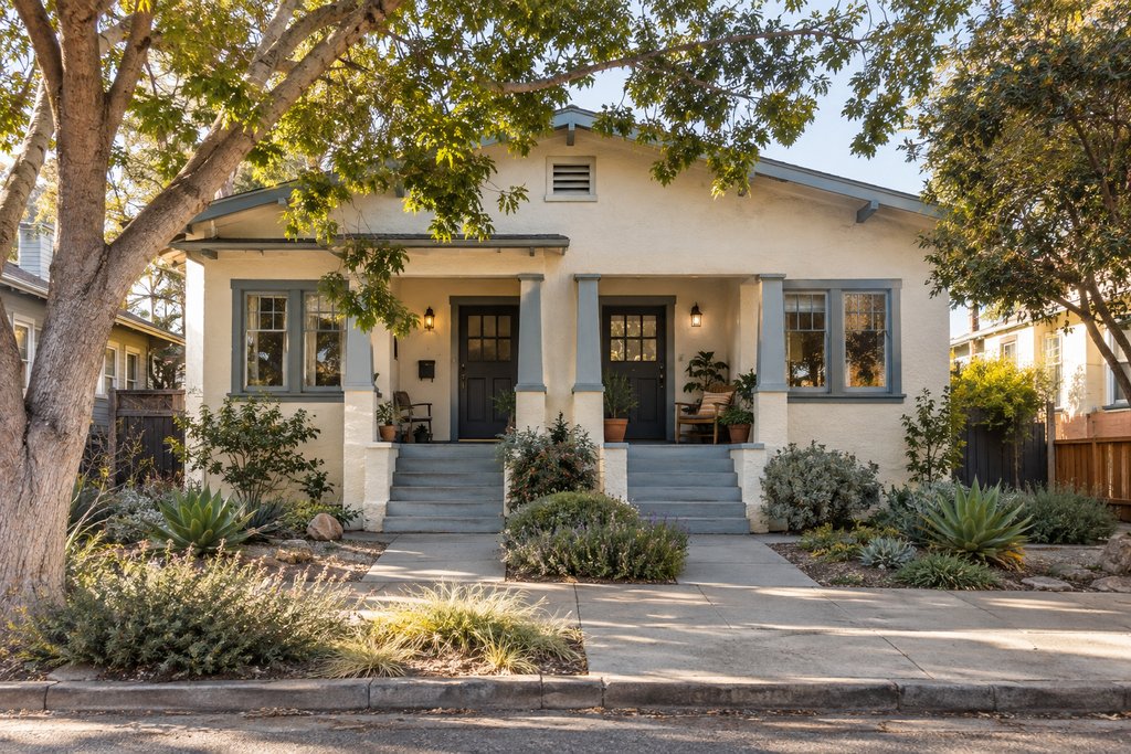 California duplex with two front entrances, porch seating, and landscaped front yard.