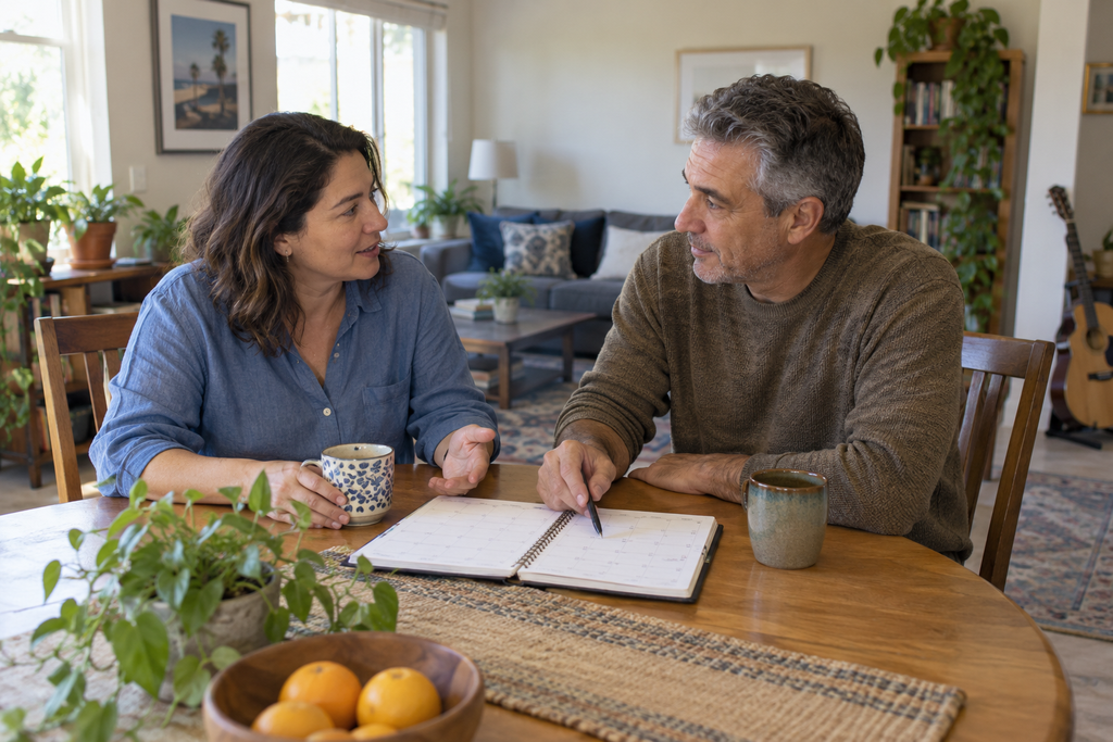 Landlord and tenant discussing a showing schedule at a dining table.