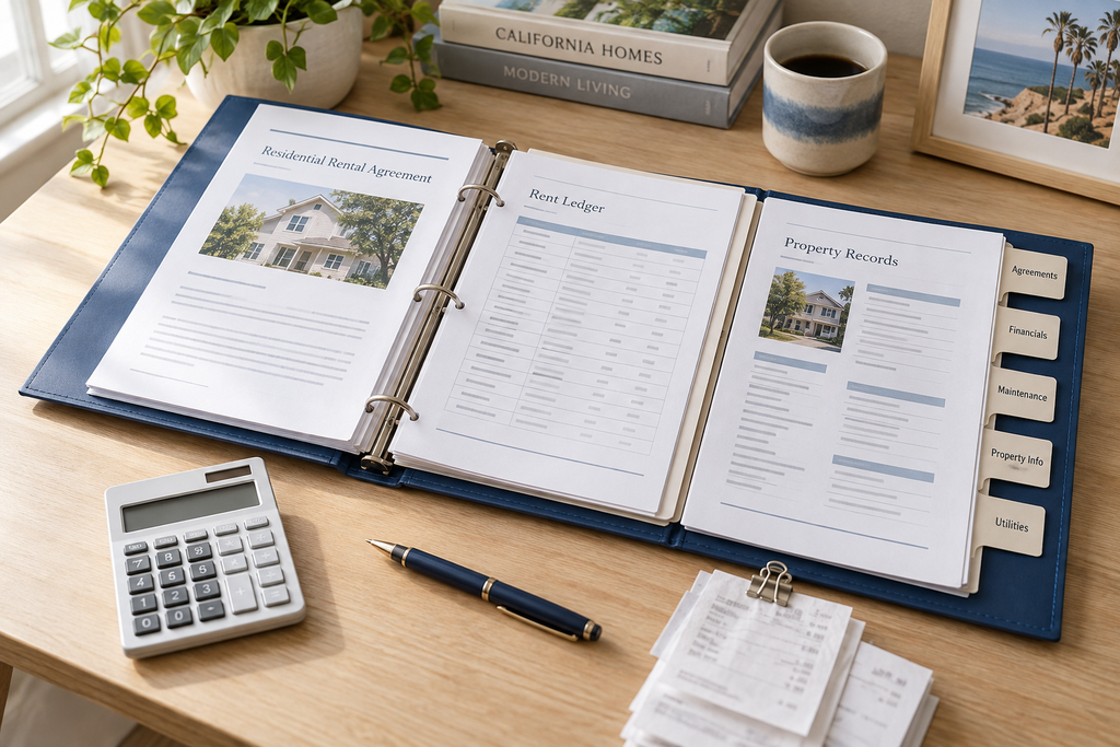 Organized rental agreements, rent ledger, and property records beside a calculator.