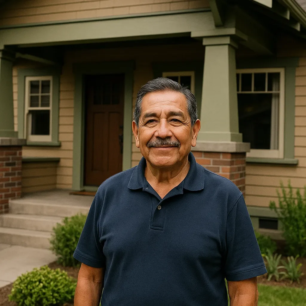 James T., a Hispanic man in his 60s, casually dressed and smiling in front of his Craftsman-style home in San Jose, California