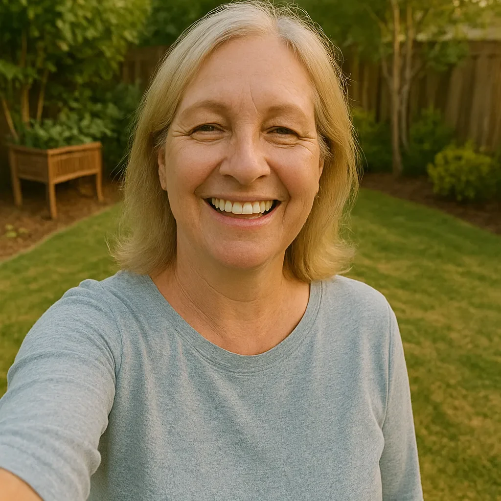 Sandra M., a cheerful middle-aged woman, taking a selfie in her Concord, Ca backyard after selling her home as-is